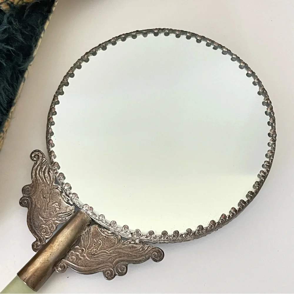 Vintage hand held vanity mirror jade handle silver tone birds floral metal